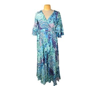 Une Ame Women Medium Maxi Dress Flare Sleeve Abstract Floral Feathers Boho Artsy